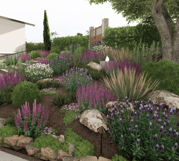 山坡种植床的3D渲染设计，包括开花灌木和观赏草。