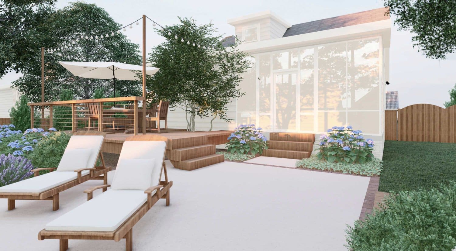 阿灵顿优雅的前院日光躺椅在混凝土地板上，鲜花和树木，和甲板露台与串灯在座位区