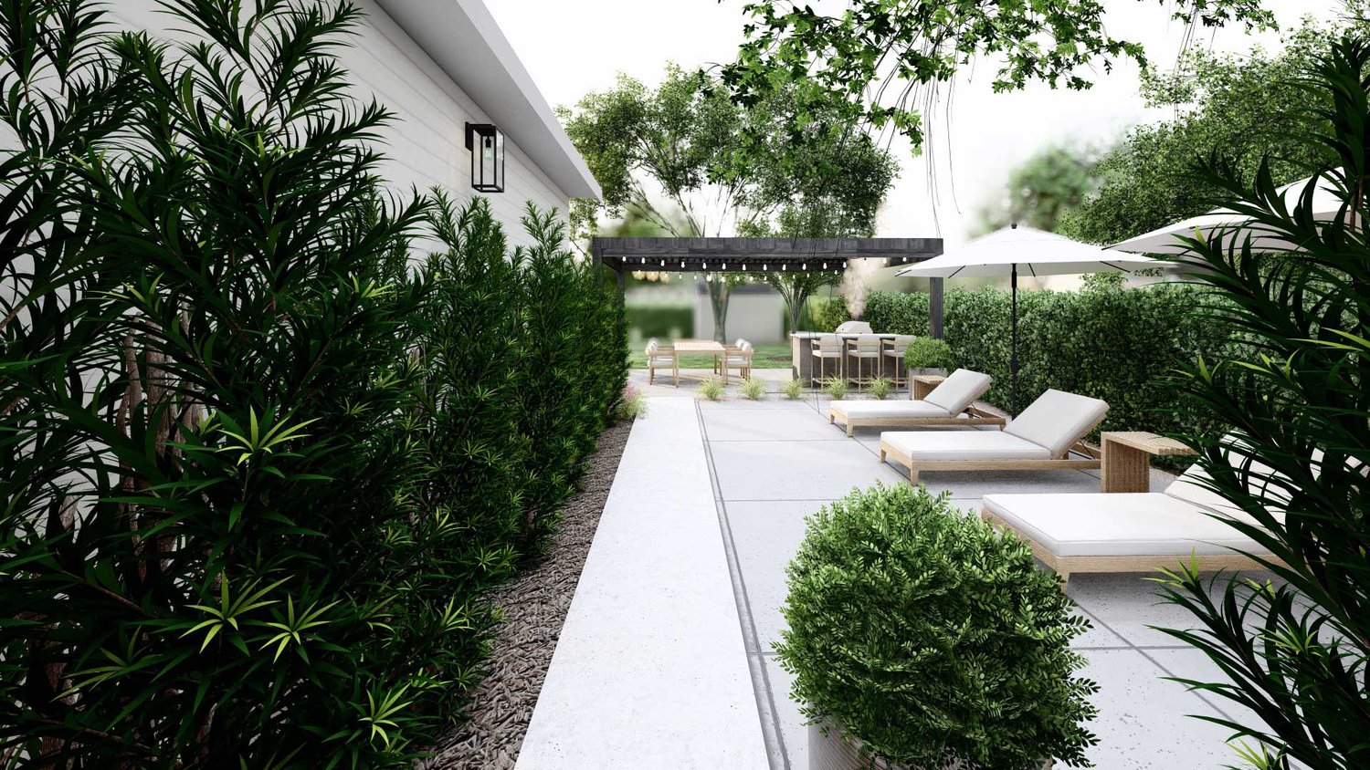 阿灵顿侧边的院子里有混凝土铺装的日光躺椅、植物和户外厨房和用餐区上方的藤架