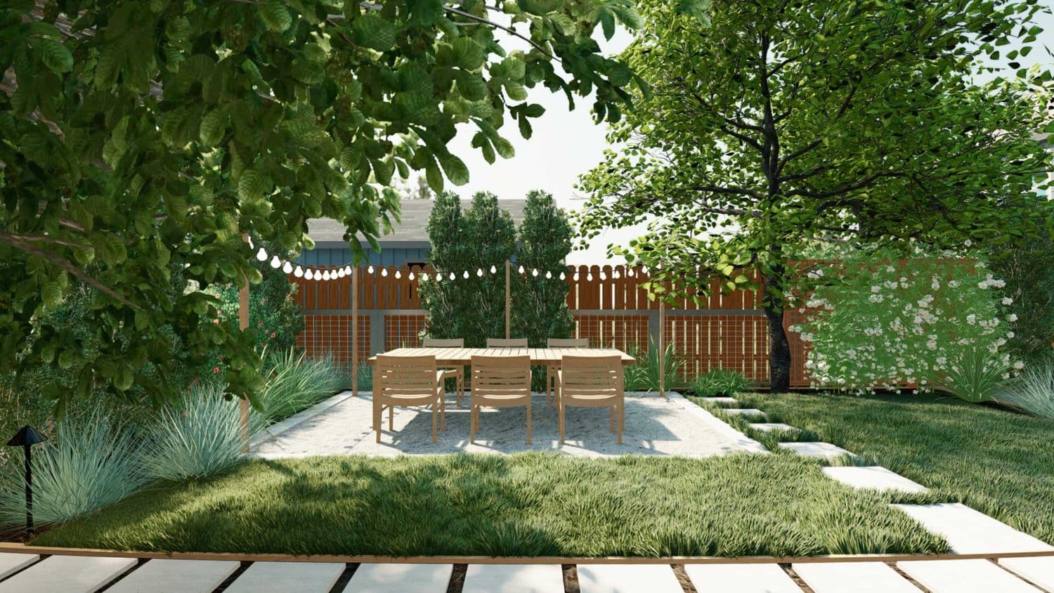 阿灵顿(Arlington)的后院花园，有混凝土铺路，露台上有带餐具的串灯
