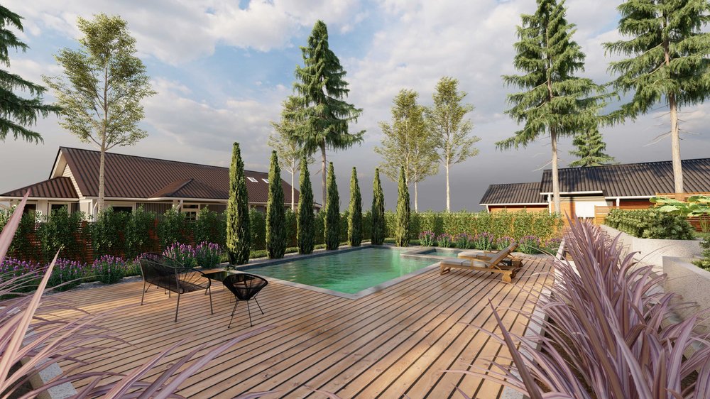 亚特兰大后院设计，地面游泳池和木铺路甲板