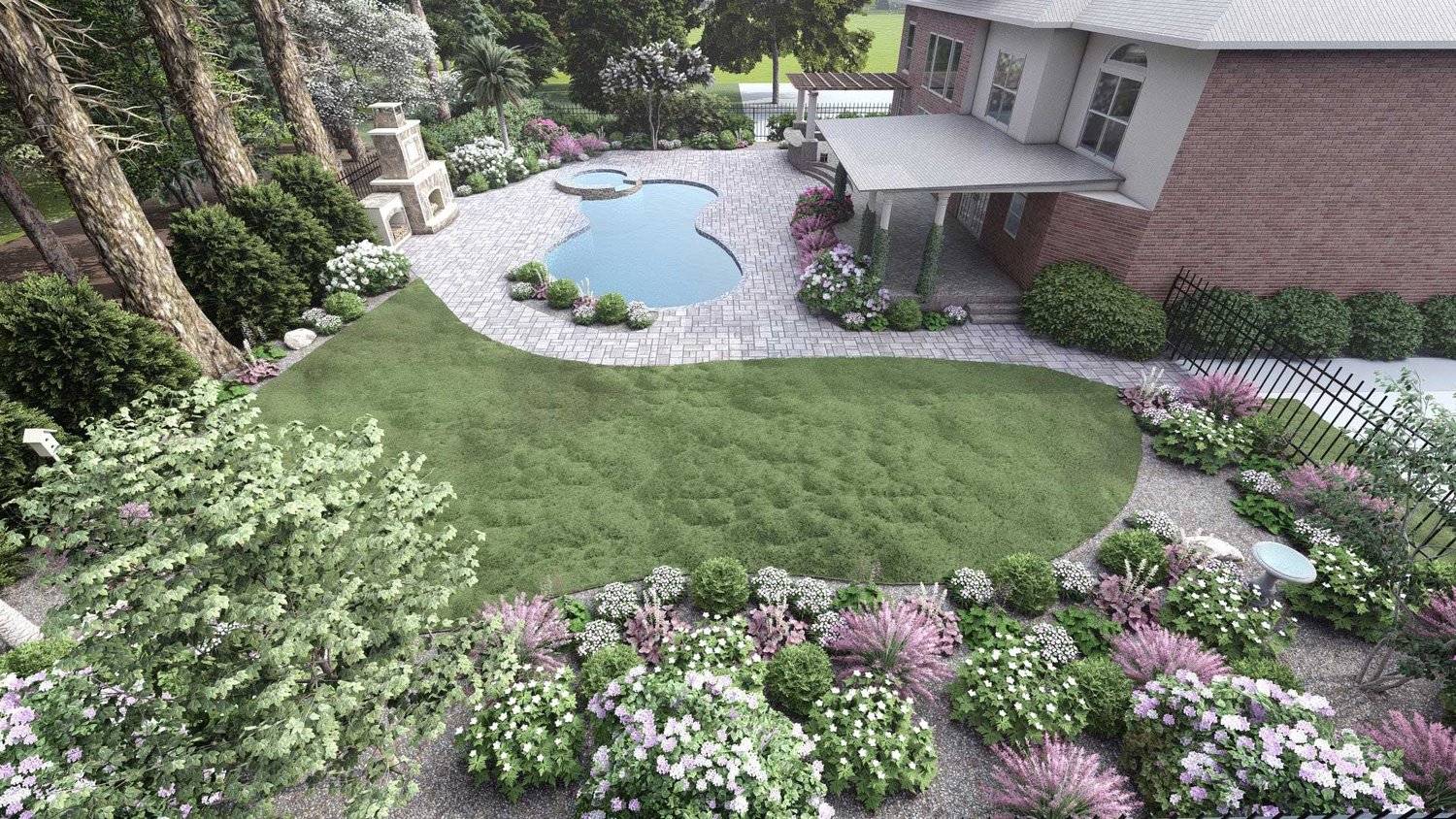 夏洛特的后院与花园和游泳池的俯视图