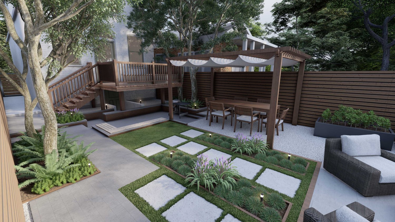 带露台的Joliet木制围栏院子，带凉棚和砾石地板的用餐区，一些草地和室外灯