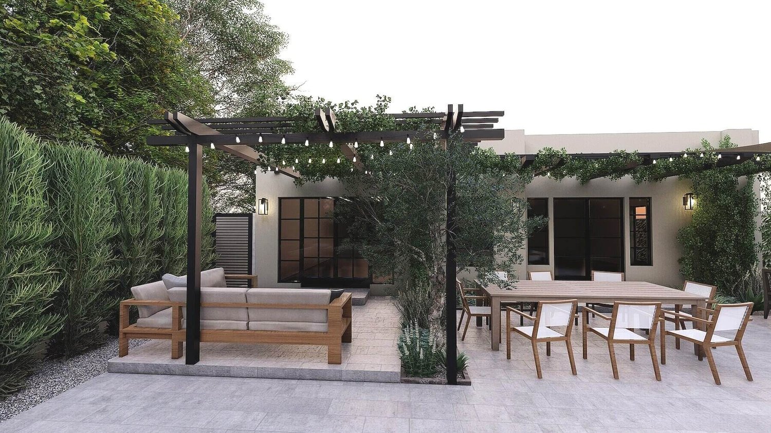 洛杉矶混凝土摊铺机后院显示凉棚与攀爬植物摊铺机露台座位区，砾石，植物和用餐区