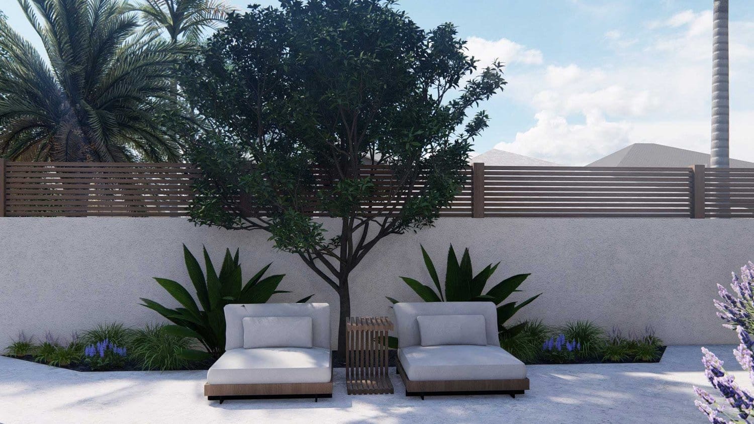 洛杉矶混凝土铺的侧院植物，树和躺椅设置