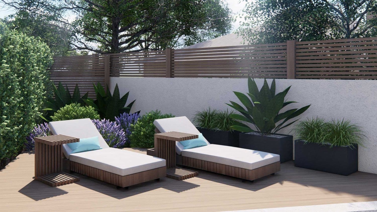 洛杉矶侧院与铺路天井区域旁边的躺椅设置，花，盒装植物和树木