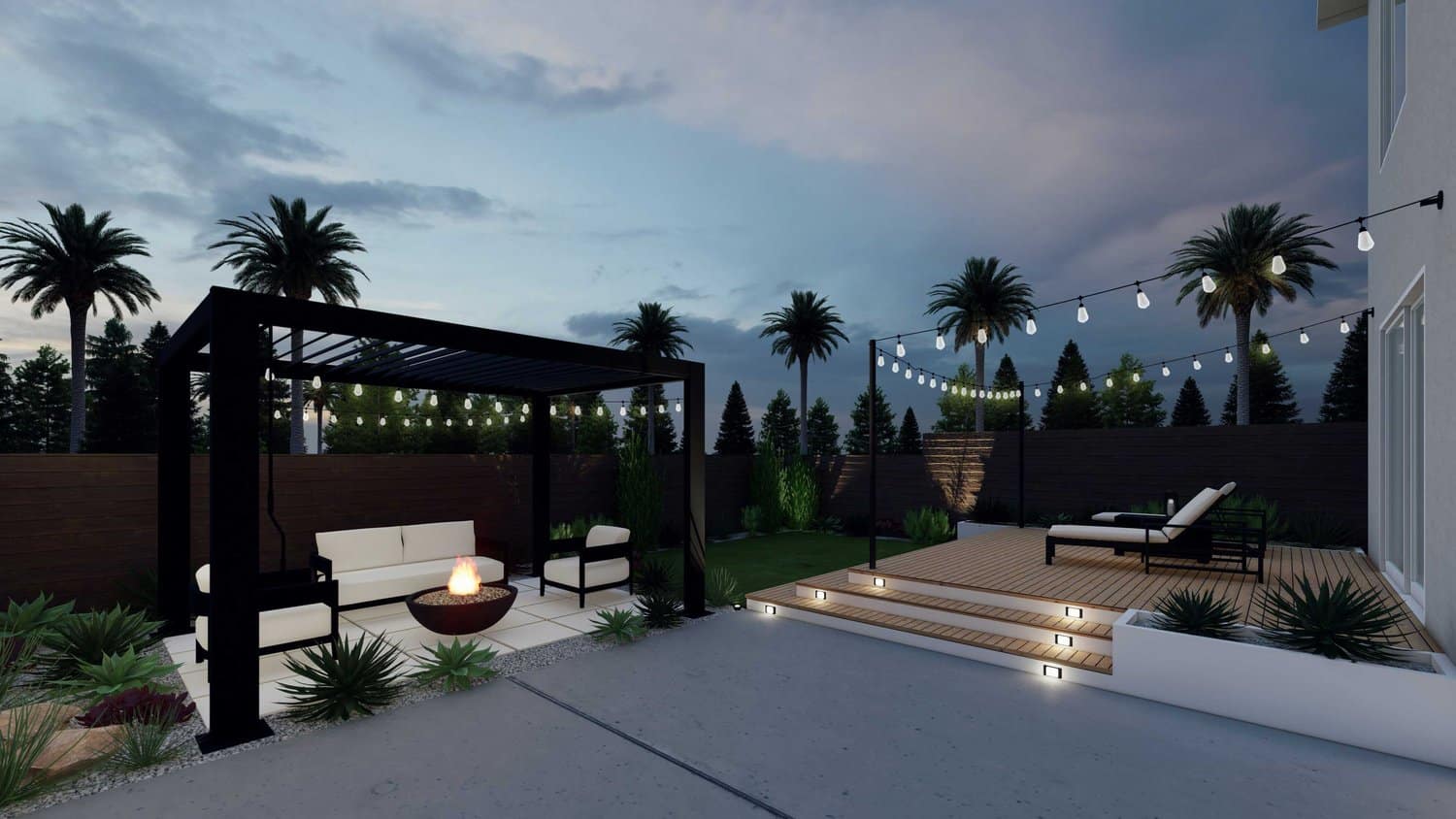 洛杉矶完整的后院显示摊铺机露台和藤架休息区，火坑，植物和草，砾石，混凝土地板和甲板与串灯