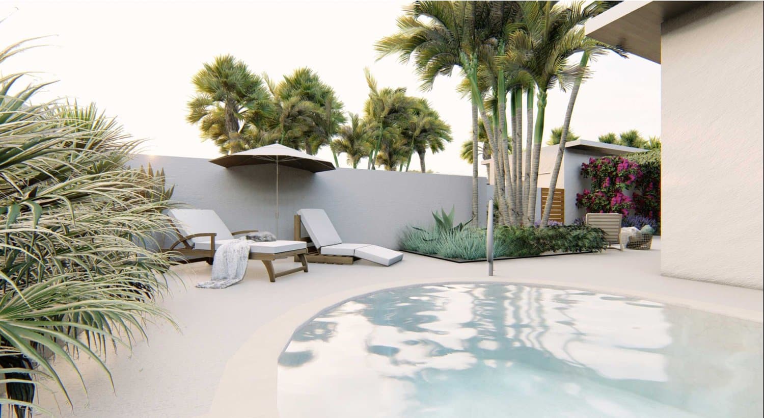 带游泳池的迈阿密庭院和带遮阳的躺椅