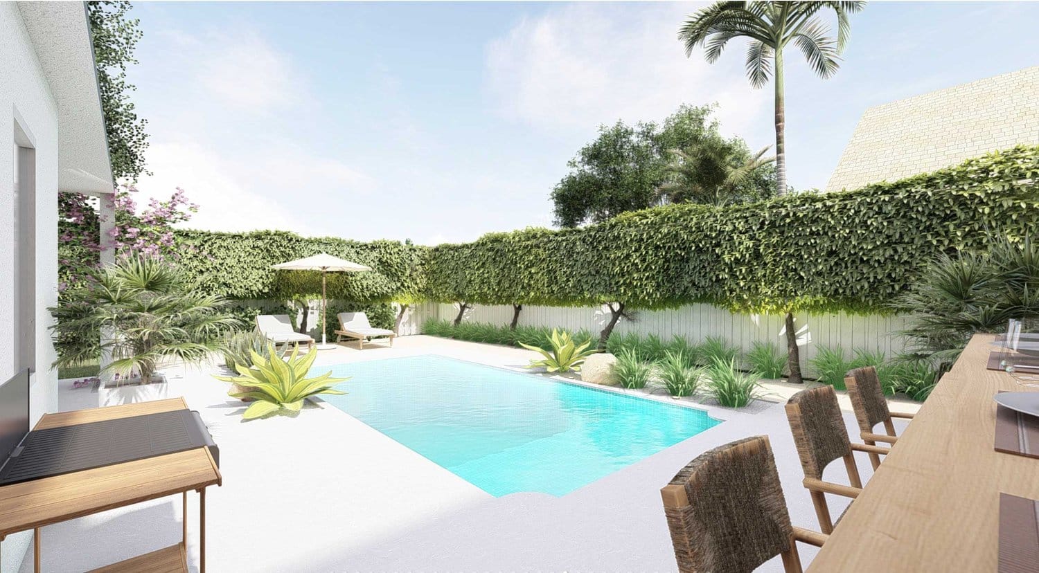 迈阿密庭院与游泳池，躺椅与树荫和绿色的墙壁