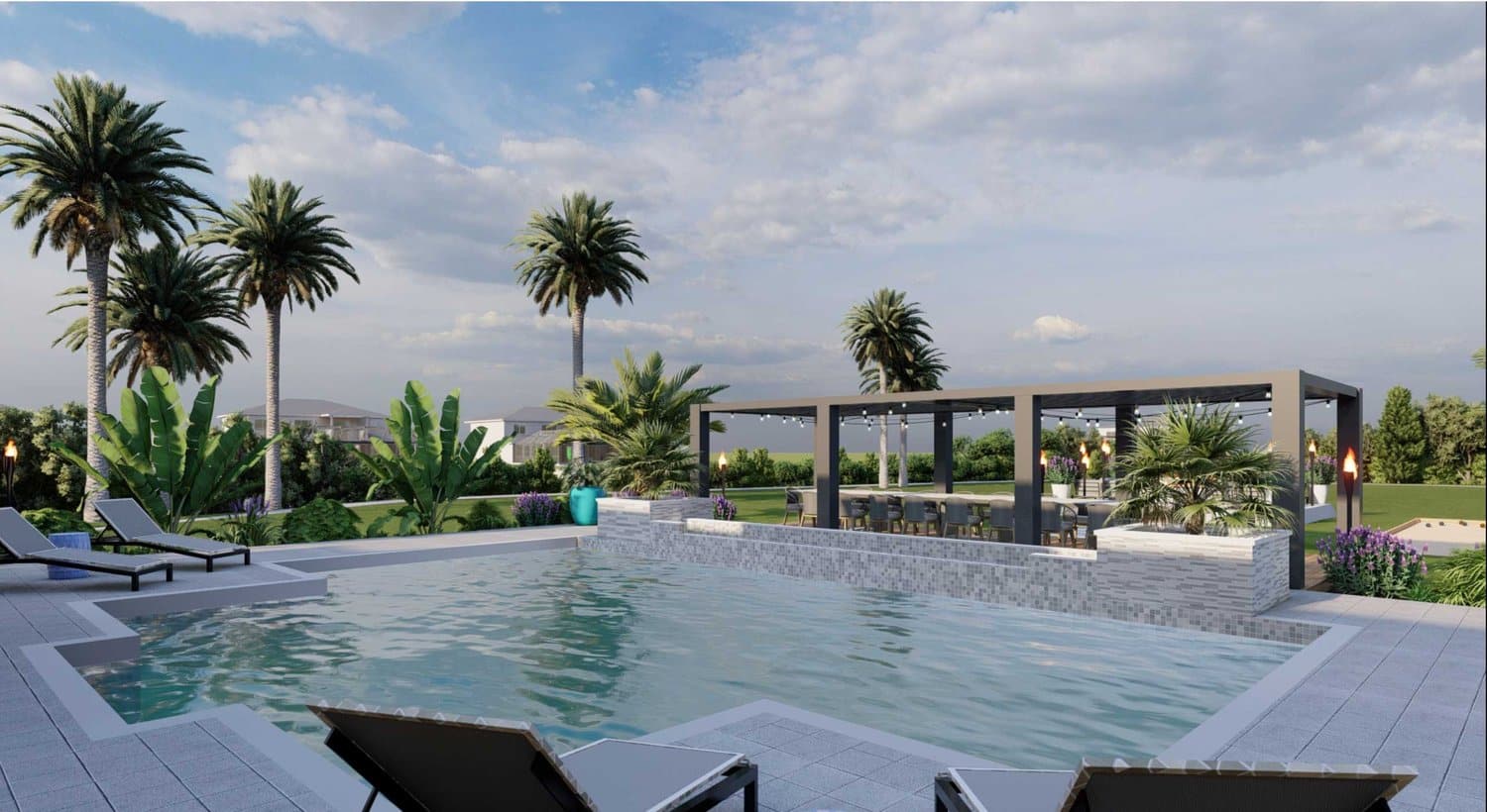 迈阿密后院，游泳池，桌椅和带凉棚的露台