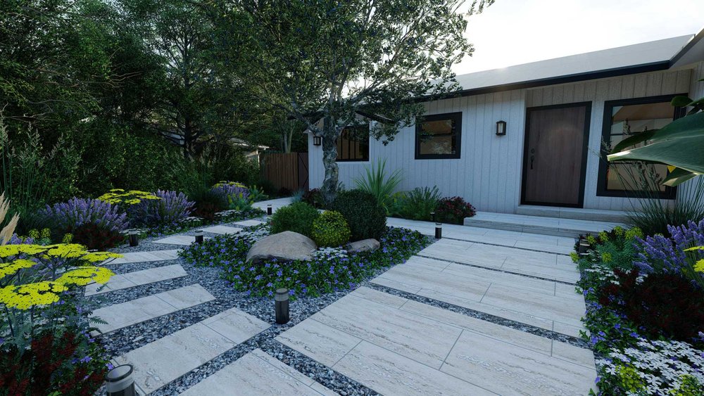 铺地庭院设计与植物和树木在纳帕