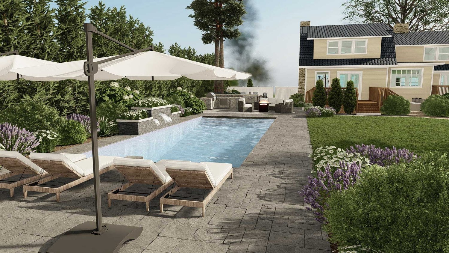 海洋城地面泳池与混凝土铺路甲板和阳光休息区在后院花园