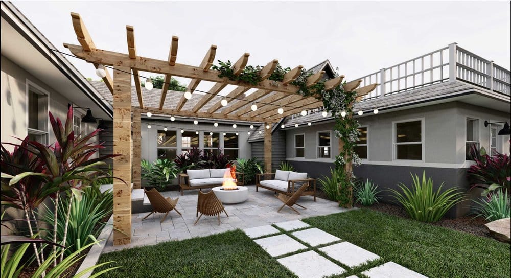 奥兰多庭院设计与藤架覆盖摊铺机露台和火坑