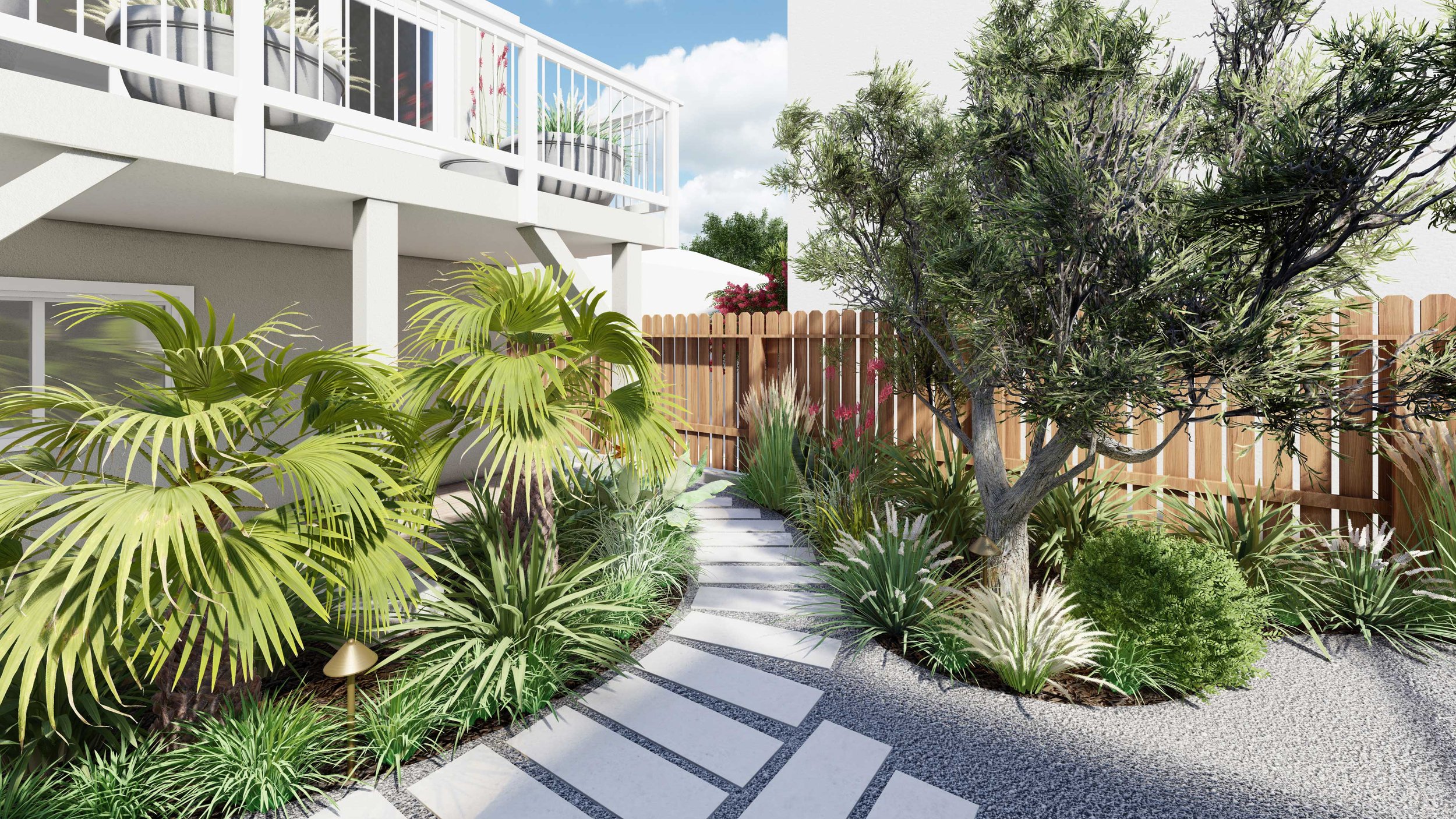 热带风格的后院，棕榈树和弯曲的混凝土铺路走道