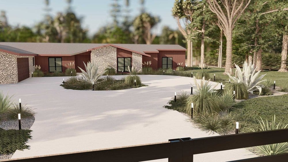 棕榈滩前院设计与植物和地面灯