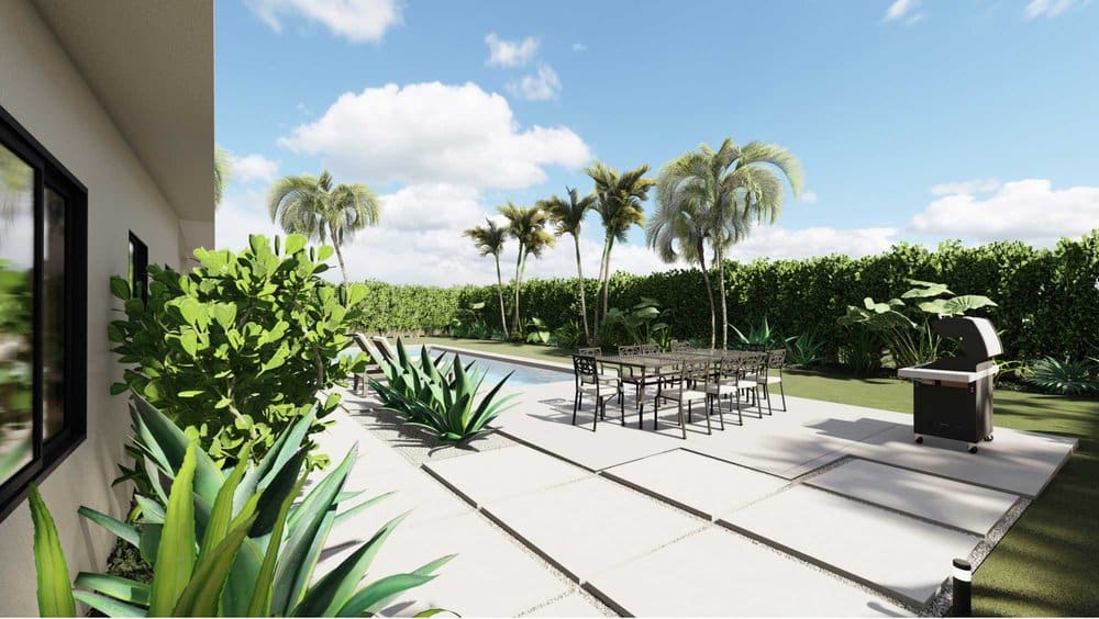 棕榈滩后院设计，设有户外厨房和用餐区