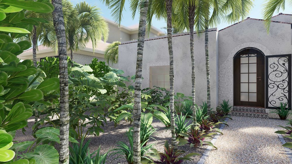 棕榈滩院子，有走道和树