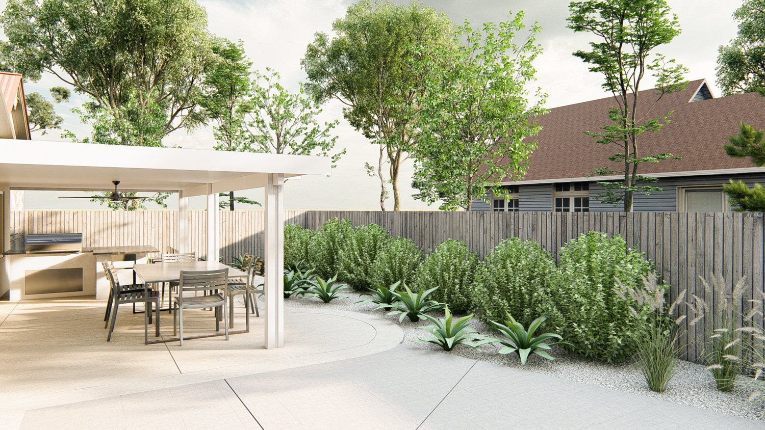 萨克拉门托侧院显示混凝土露台与室外厨房和餐厅区凉棚，与植物部分