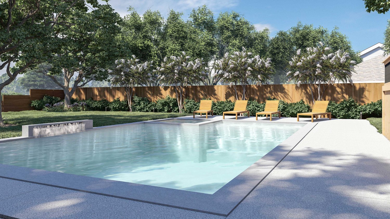 圣安东尼奥木栅栏后院，混凝土装饰泳池，泳池长椅，树木，植物和草坪区域