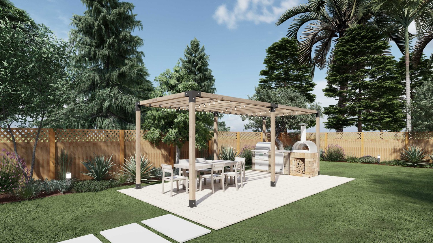 圣安东尼奥围栏后院显示摊铺机露台与凉架在座位区，旁边的草坪植物和树木