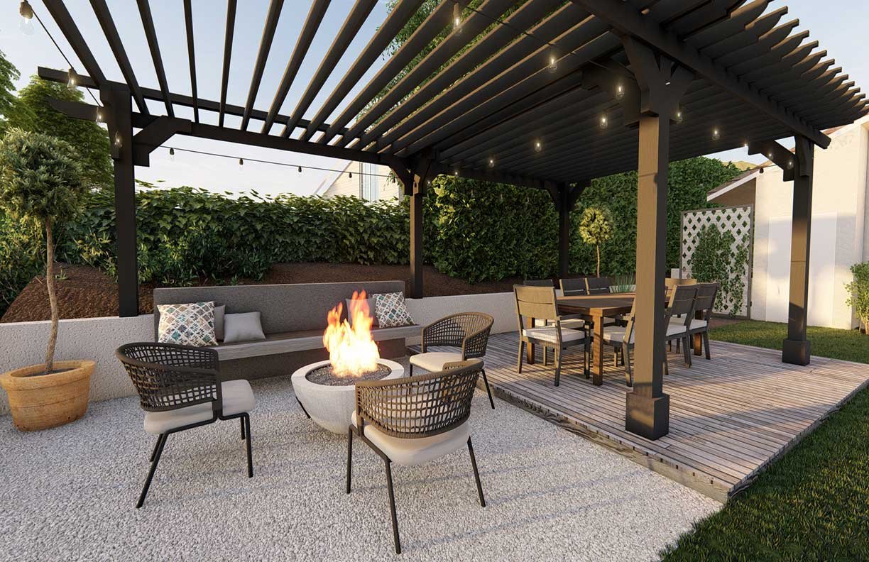 Thousand Oaks garden patio with pergola over dining and fire pit seating area