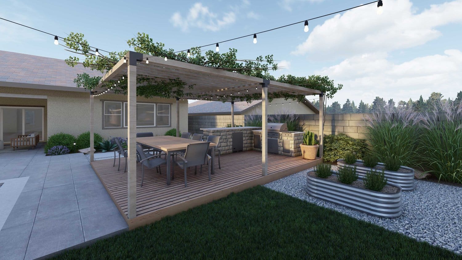 Thousand Oaks backyard deck patio with pergola over outdoor kitchen and dining area, alongside raised garden beds on the side