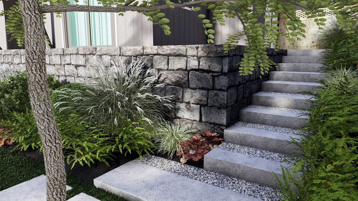 双子瀑布后院，带混凝土墙和楼梯，旁边有树木和植物