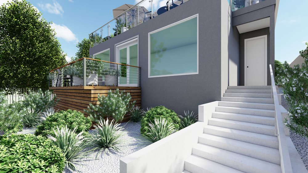 文图拉前院设计，混凝土楼梯和植物