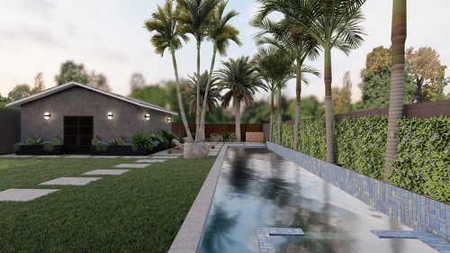 长长的后院，有定制的游泳池，周围有棕榈树，还有铺路道