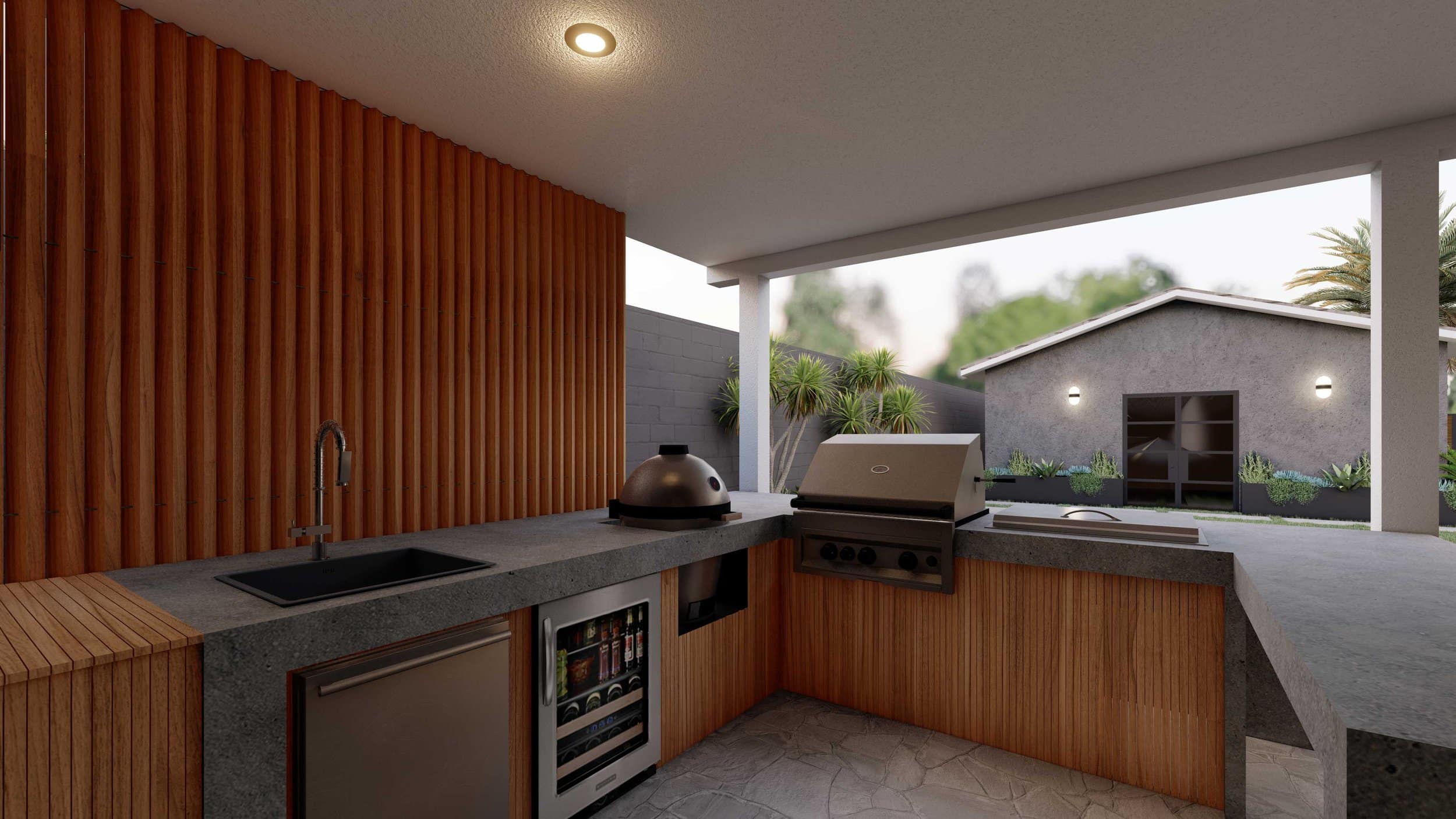 l型室外厨房，带有烟枪、混凝土台面和木制立面