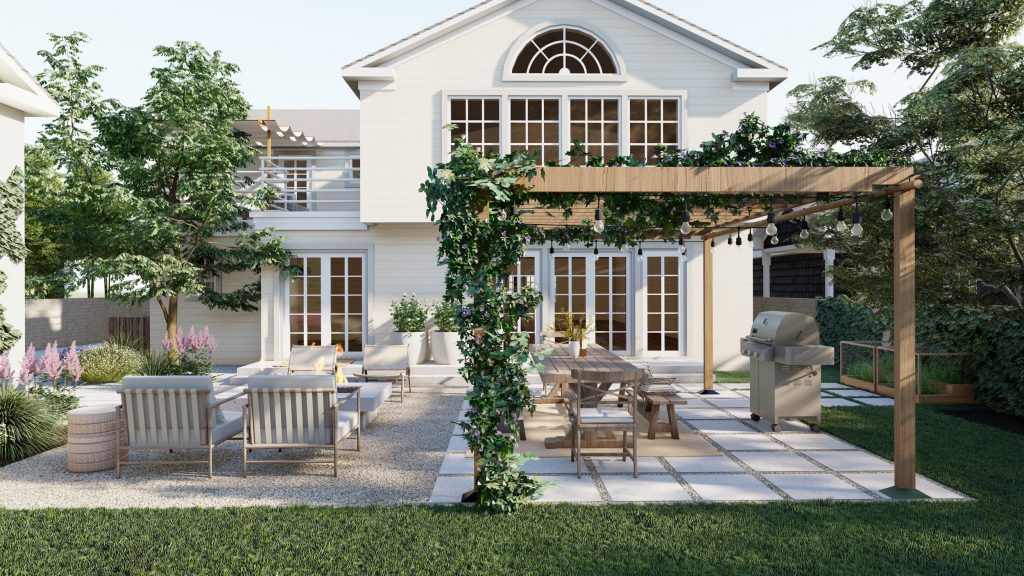 庭院设计的3 d渲染与常春藤的藤架和户外用餐区