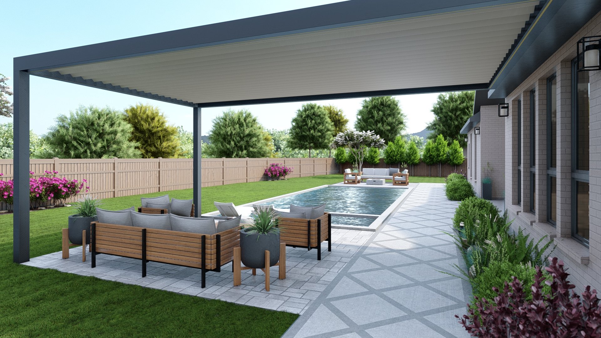 后院的泳池和户外家具设计上设置两端面对彼此。