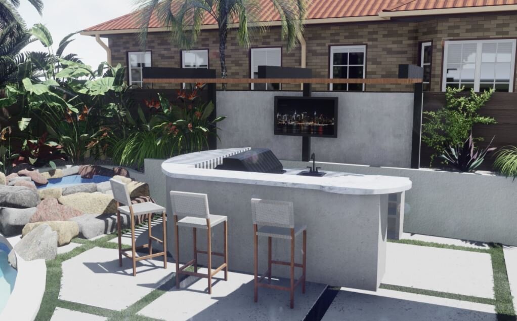u形泳池室外厨房在后院的设计，酒吧座位，烧烤架，水槽，和从酒吧可见的电视。