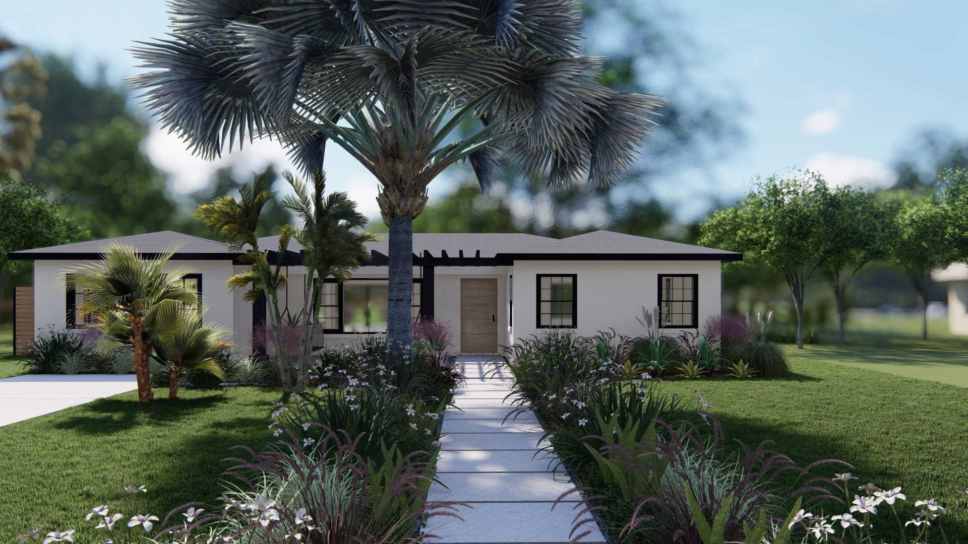棕榈树、蕨类植物和多年生植物创造了一个轻松的热带环境，与新的黑色凉棚互补，并在牧场住宅庭院中恢复了室外生活空间的活力。