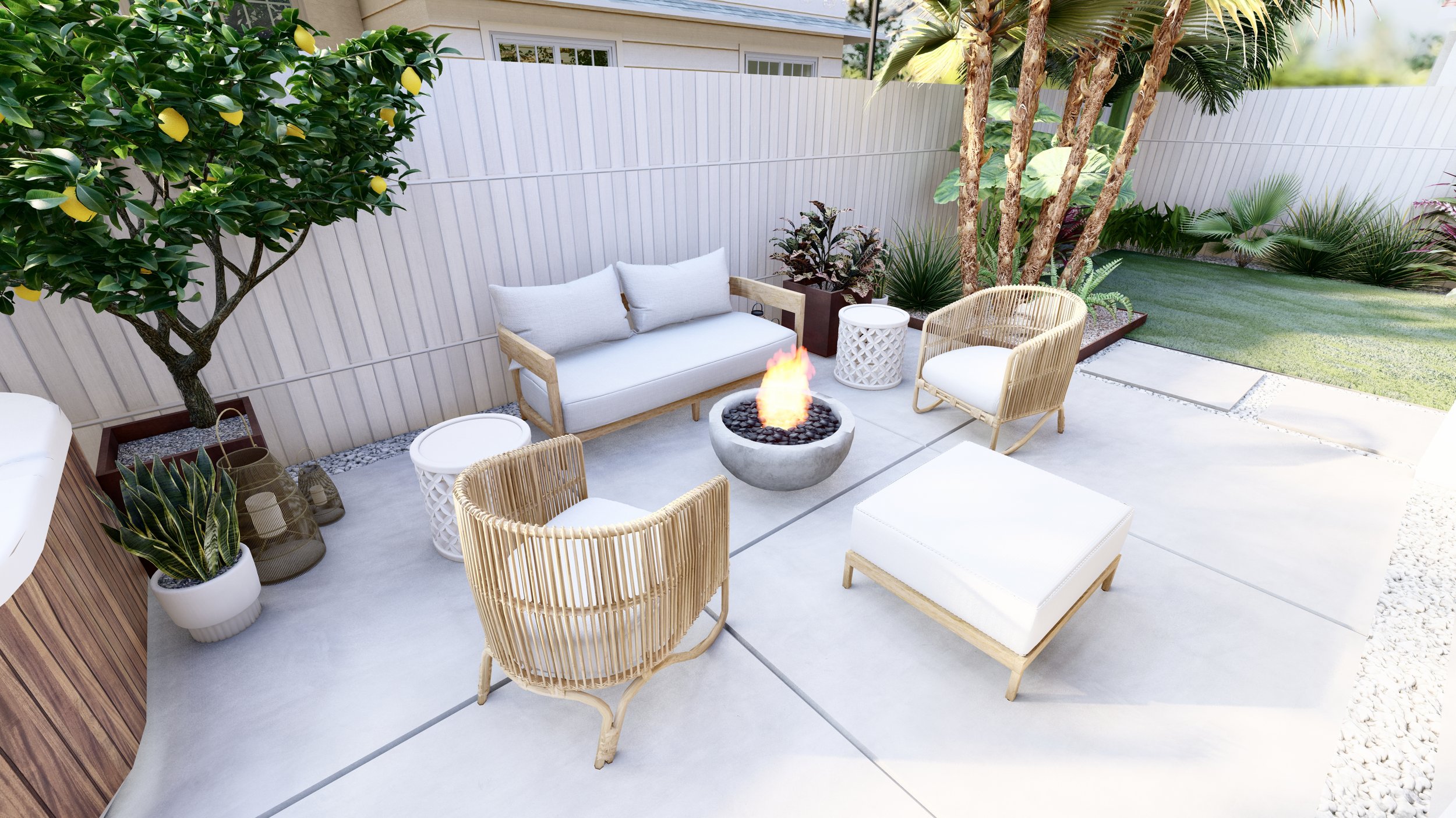 佛罗里达庭院设计与巴尔曼沙发、现代火坑,波西米亚藤躺椅。