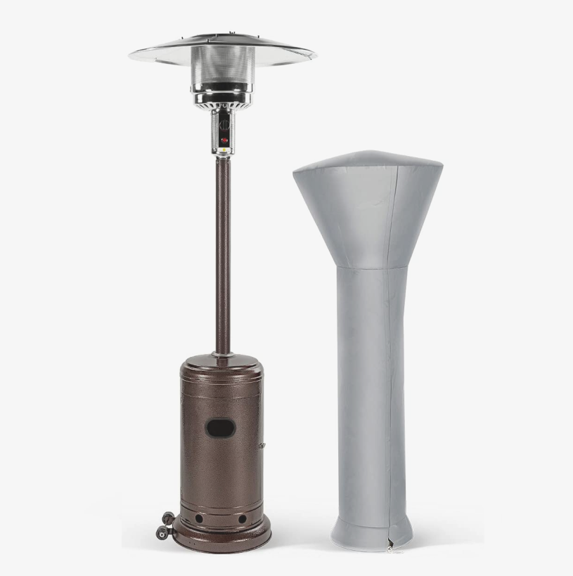Bronze colored patio heater with waterproof cover