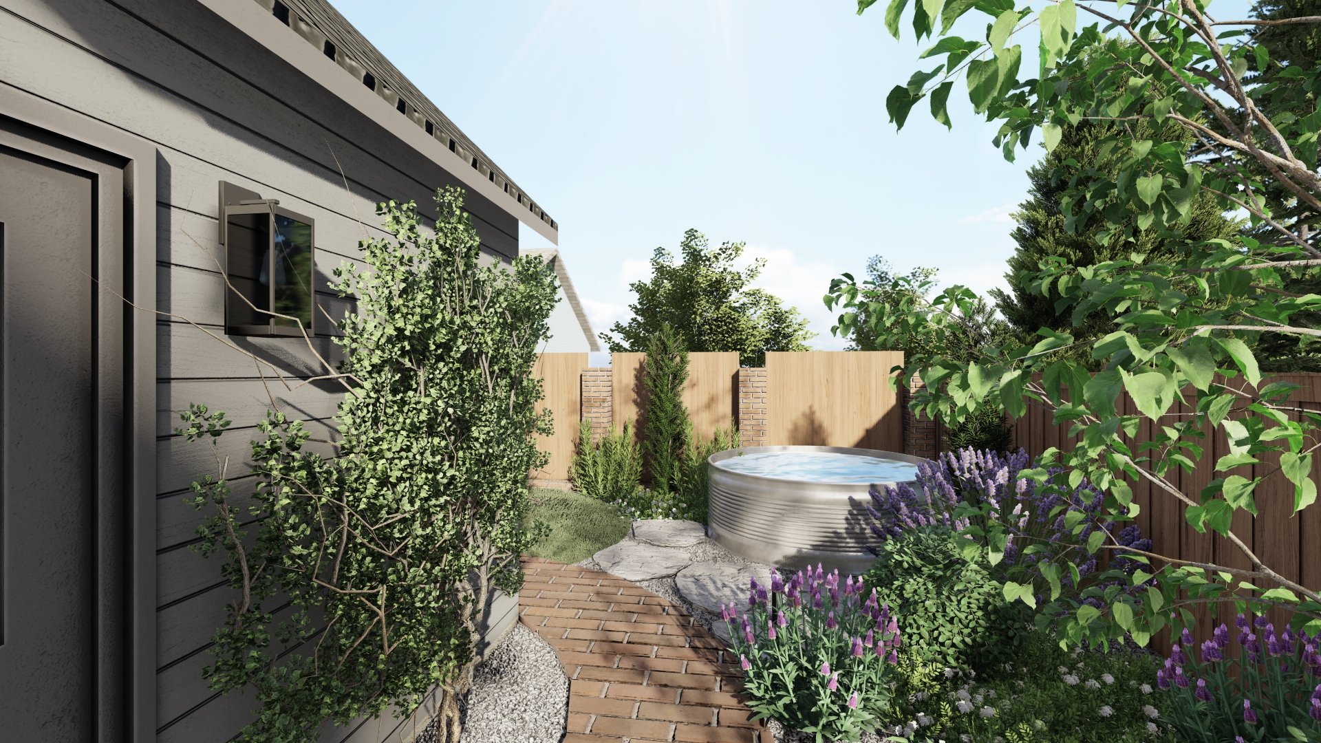 一个小后院景观设计，砖走道，储水池万博官网手机版网页版登录，和茂密的紫色花卉种植。