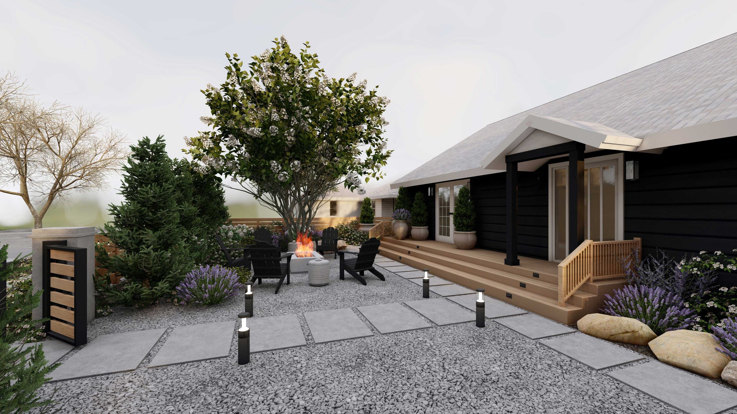 现代前院景观设计与阿迪朗达克椅子围绕万博官网手机版网页版登录火坑