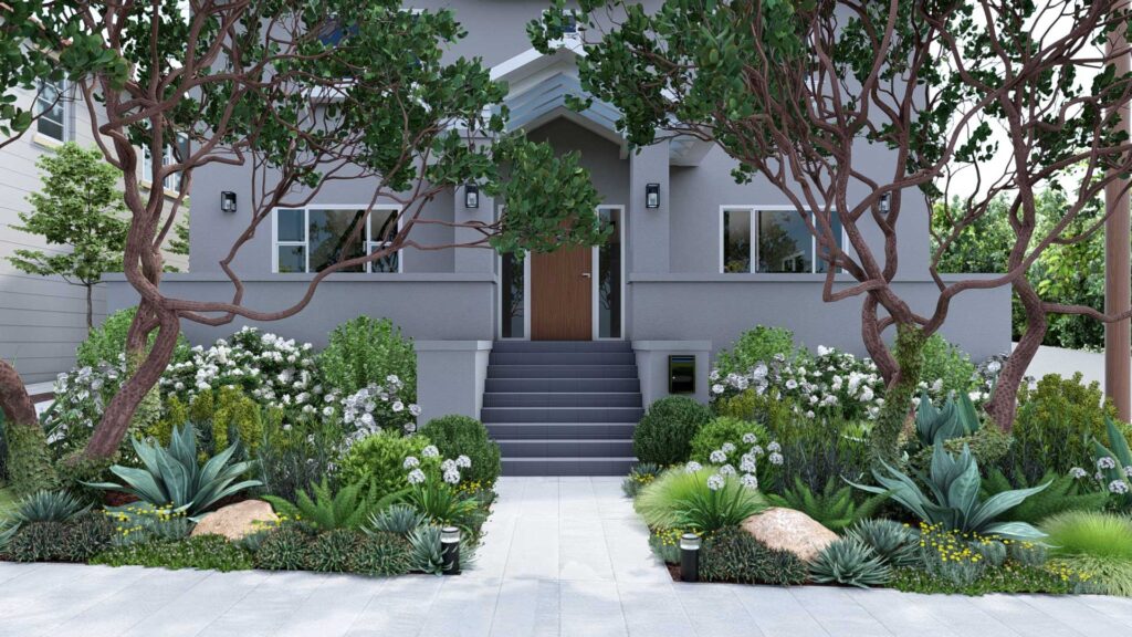 灰色的两层楼住宅，带大门廊和台阶，通往郁郁葱葱的前院景观