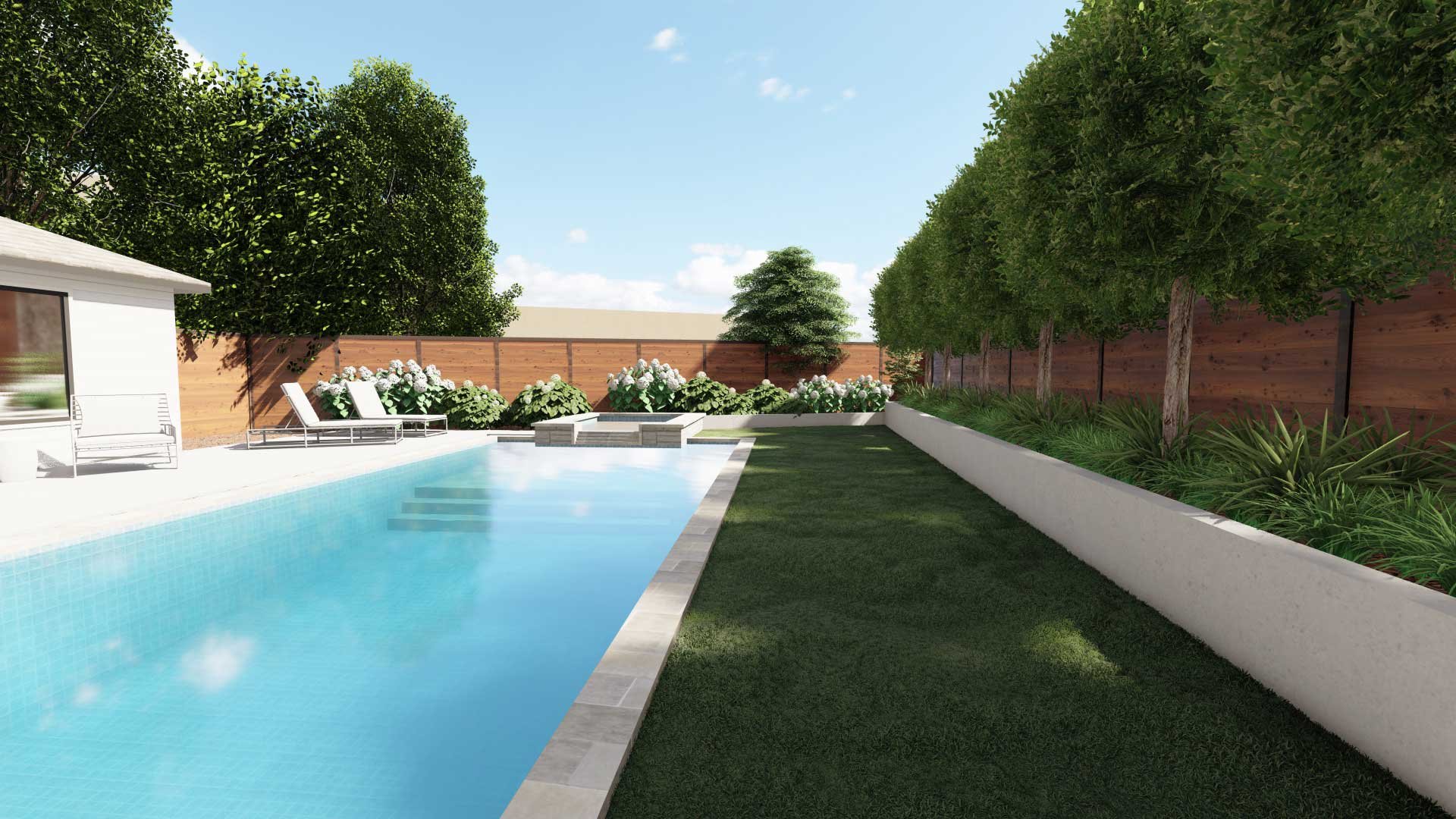 树木填充的挡土墙为德克萨斯州达拉斯后院的游泳池区域创造了额外的隐私