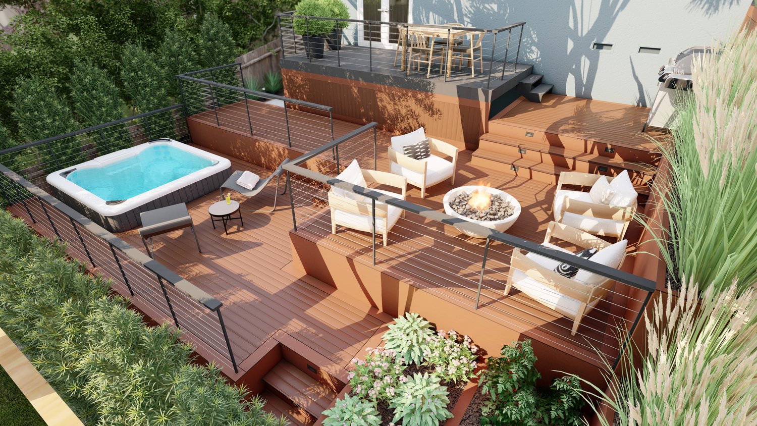 San Francisco overhead view of deck patio with swimming, fire pit and dining area