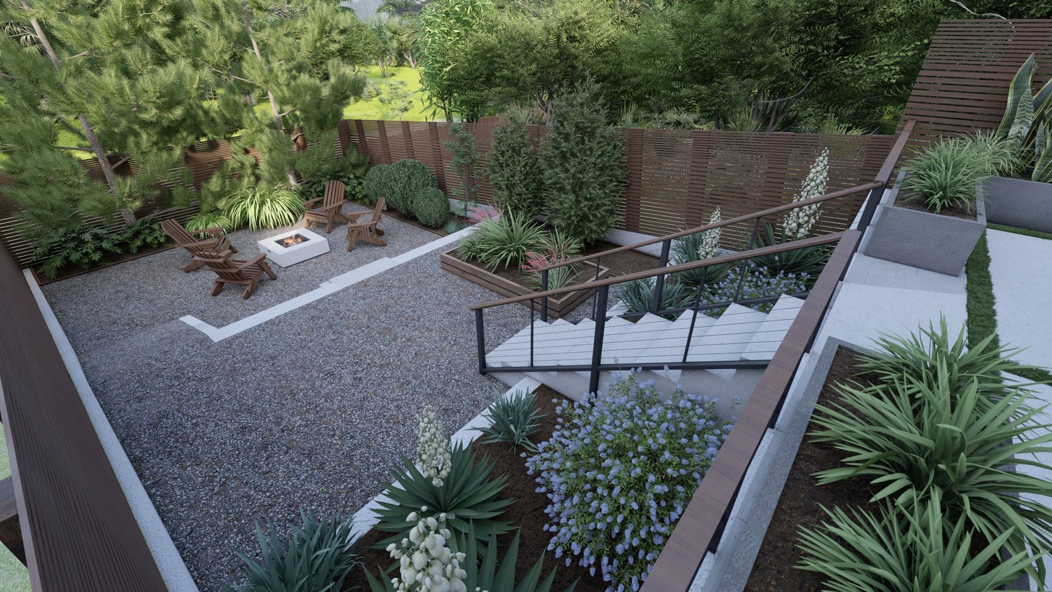 San Francisco top view of garden with plantings and fire pit seating area