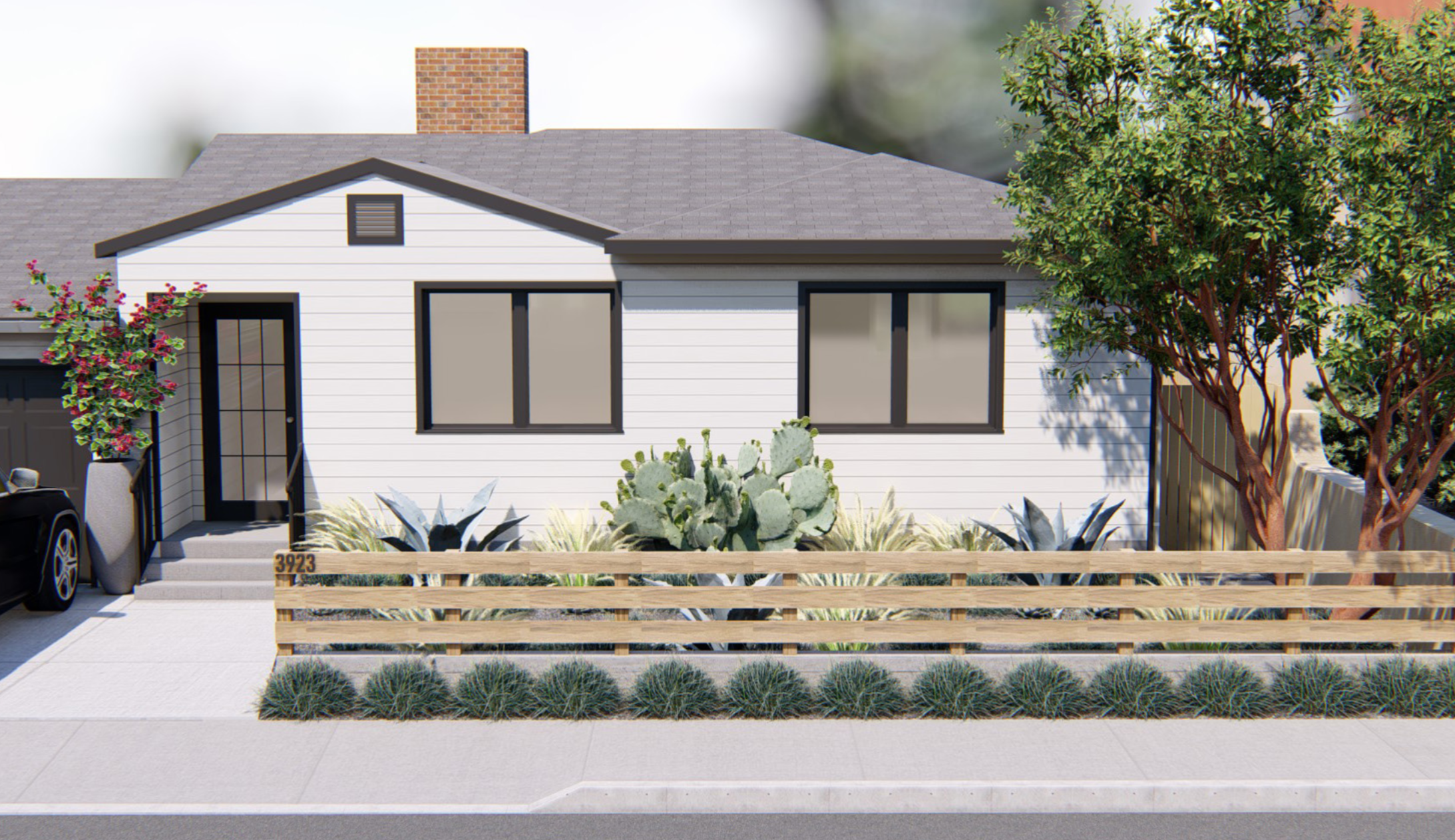 家里的前院特性相同的poured-in-place混凝土铺路石和海滩鹅卵石在后院,种植也坐标。栅栏将扩展门对面车道。