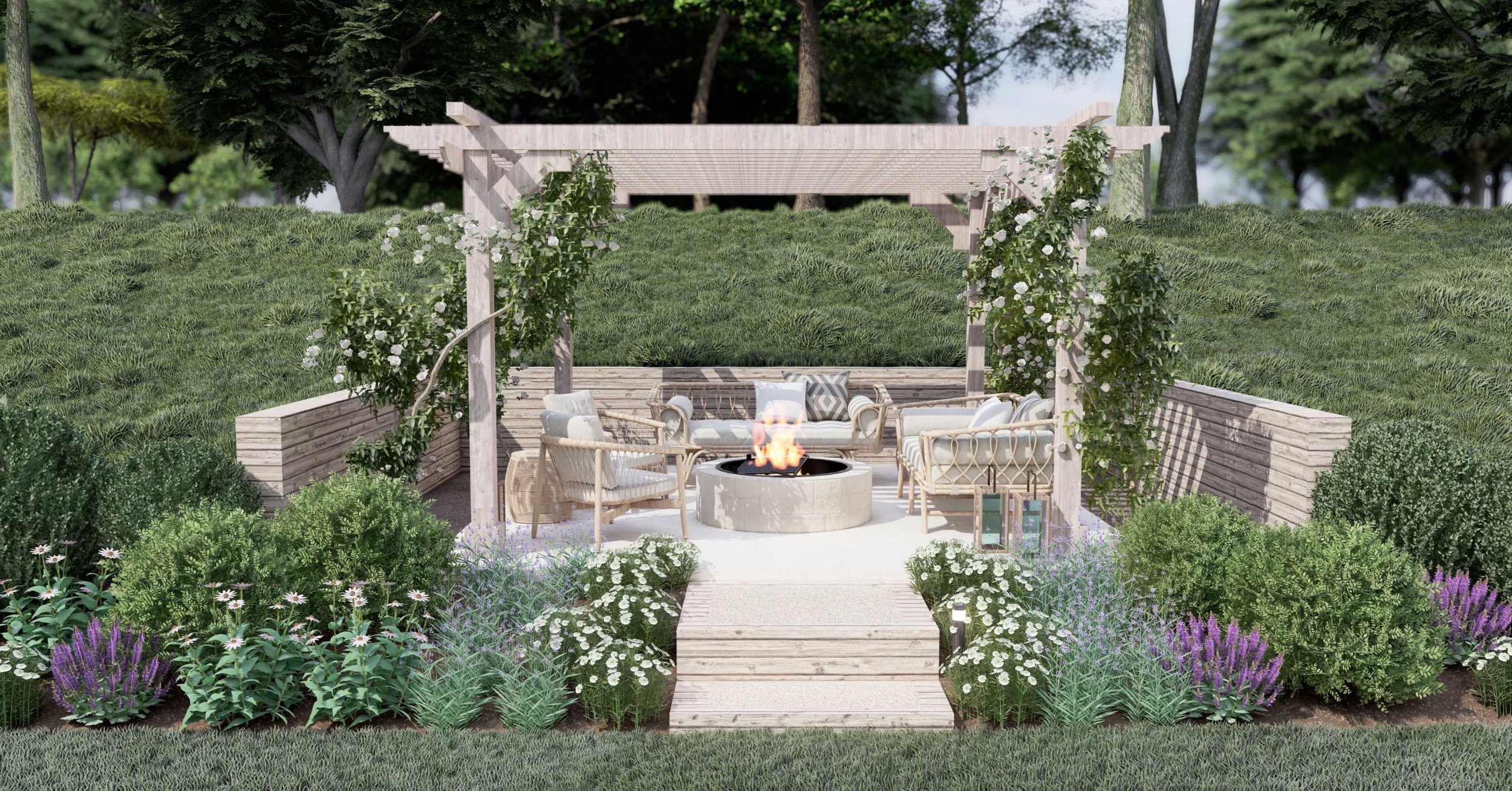 在俄克拉荷马州的后院设计中，藤架覆盖着白色的匍匐玫瑰，创造了一个舒适而美丽的室外火坑区