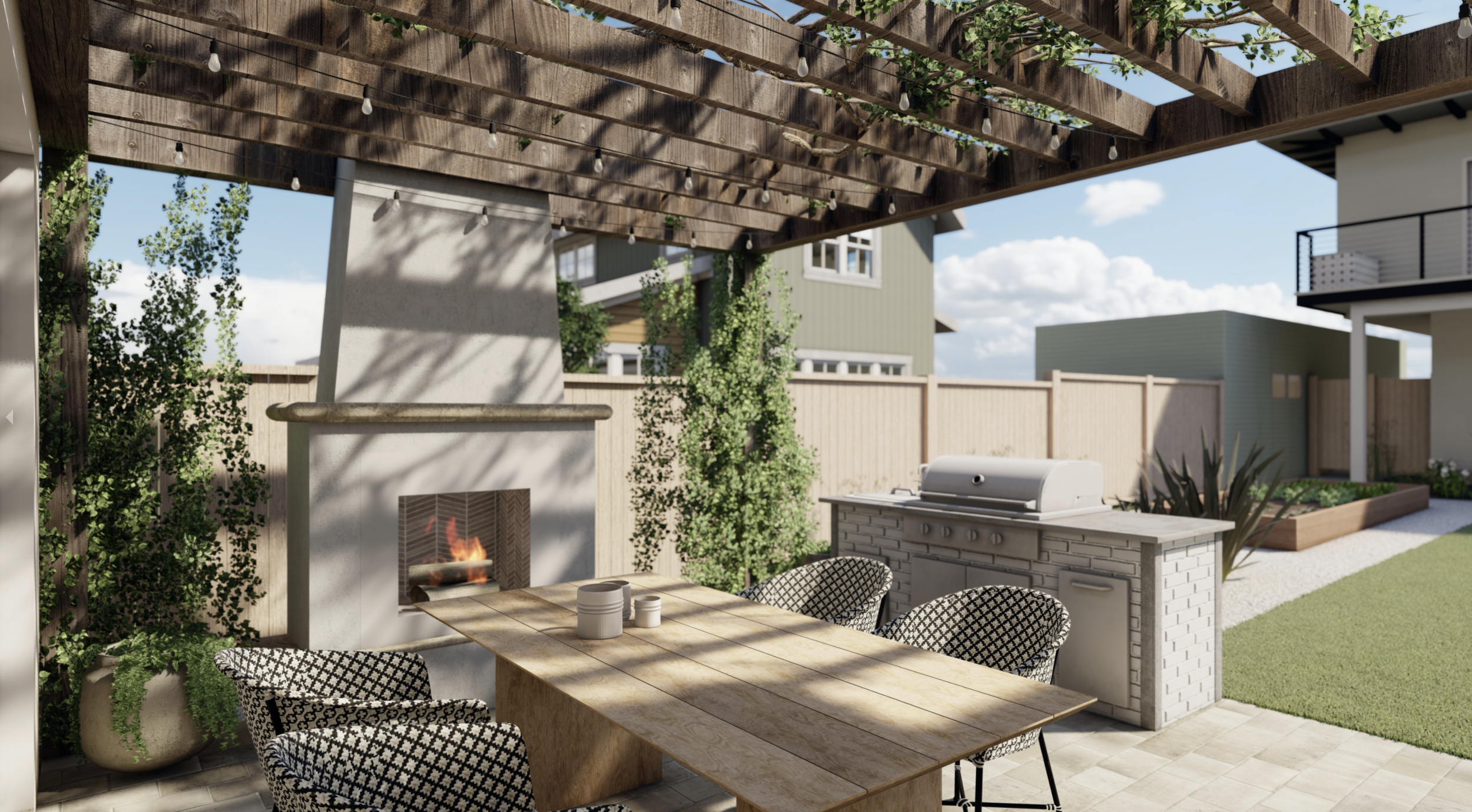 户外厨房和餐厅区与壁炉在圣地亚哥，CA景观设计万博官网手机版网页版登录