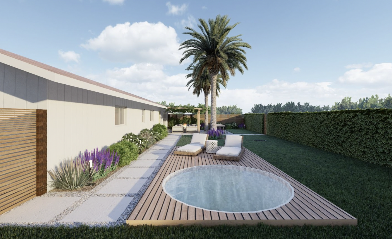 后院设计，甲板内储水池，毗邻的躺椅和背景中的棕榈树。