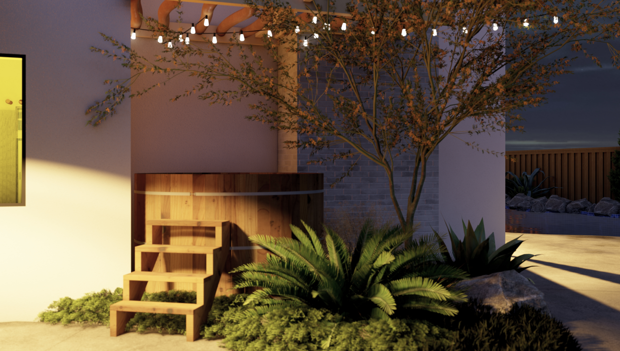 舒适的后院设计与木制热水浴缸和串灯在麋鹿林，ca。