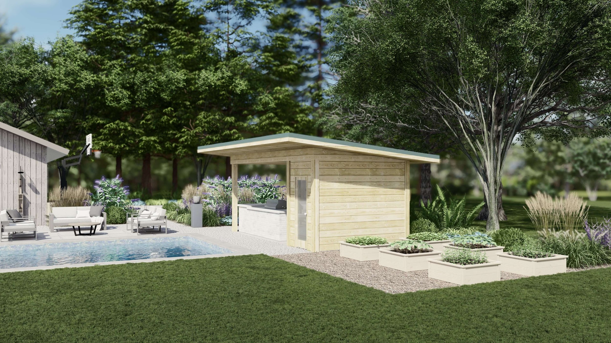 印第安纳州后院设计的预制种植床，靠近游泳池和室外厨房