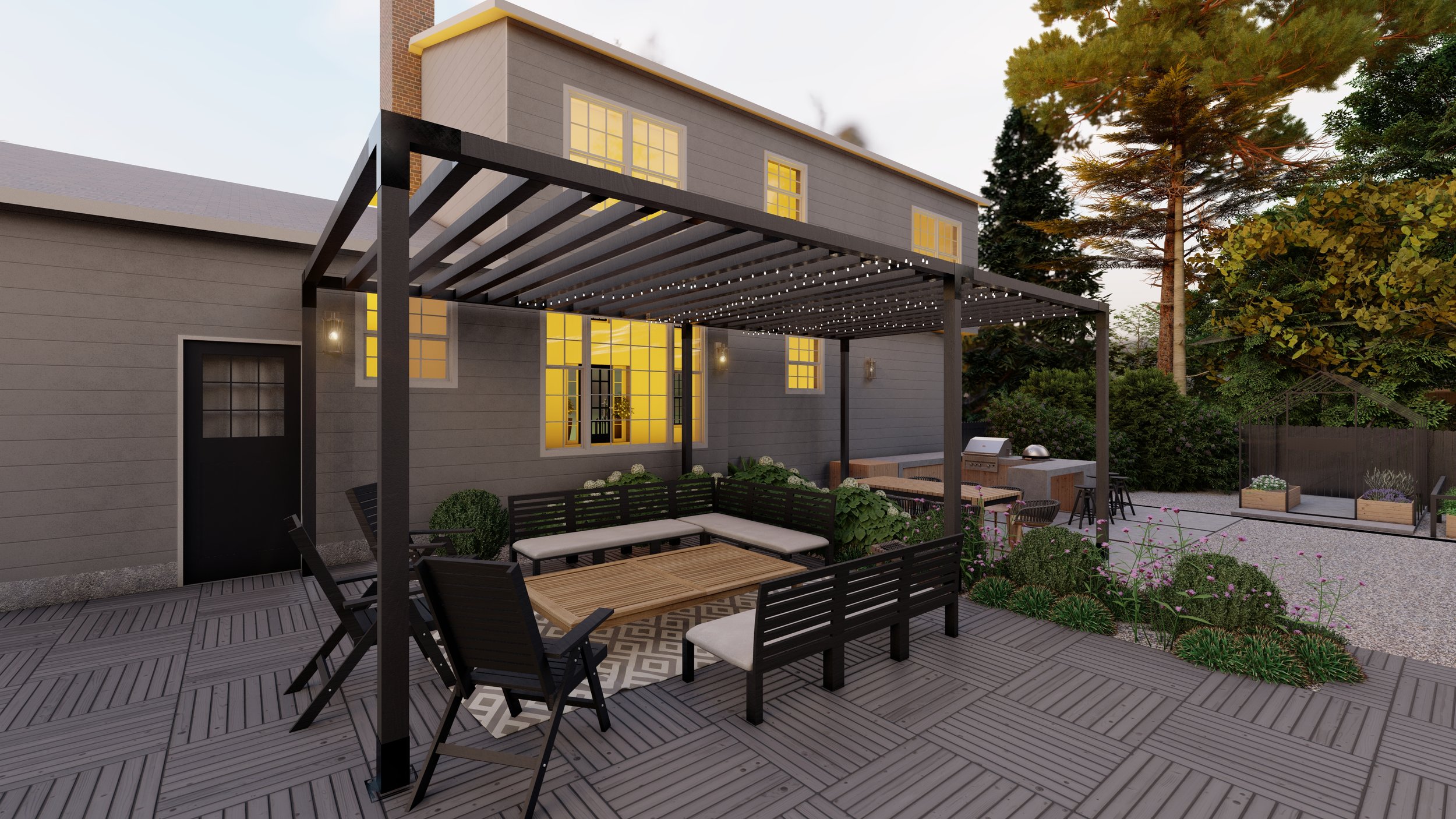 长矩形黑色金属藤架背对着家遮阳的座位区和室外厨房