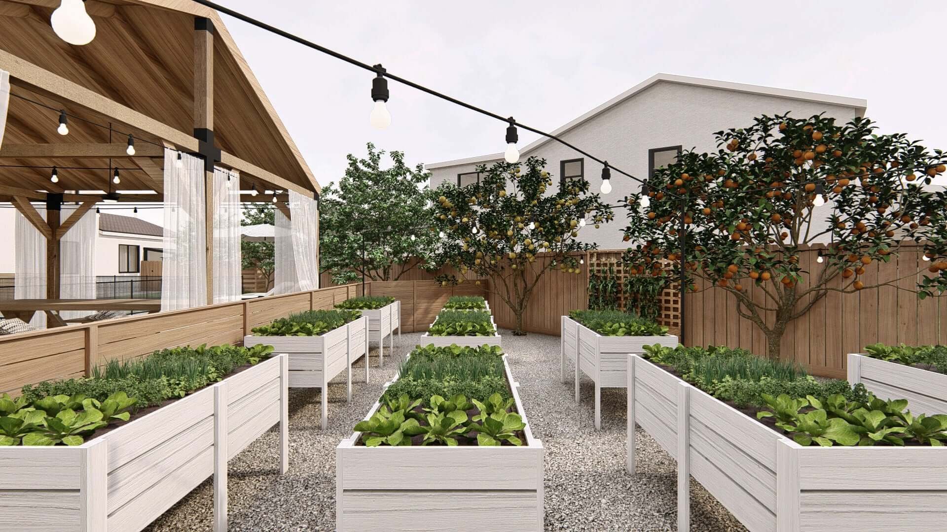 Yardzen后院景观设计中，一排排种植药草和蔬菜的高床万博官网手机版网页版登录
